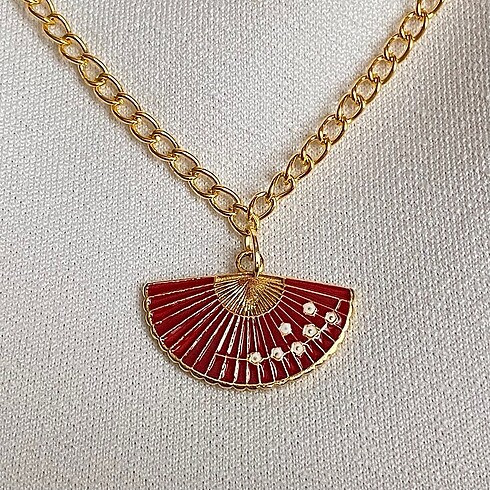Gold kırmızı yelpaze çiçek kolye vintage y2k