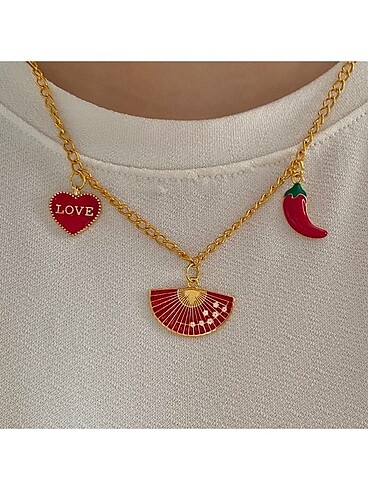  Beden Gold kırmızı kalp biber yelpaze love charm kolye vintage y2k