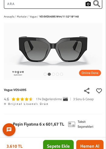 Vogue Orijinal Siyah Vogue Kadın Güneş Gözlüğü