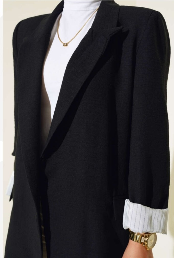 Siyah Kadın Ofis Blazeri, Düğmeli, Regular Fit - Görsel 2