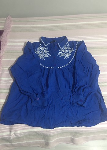 Nakışlı Mavi Bohem Bluzu