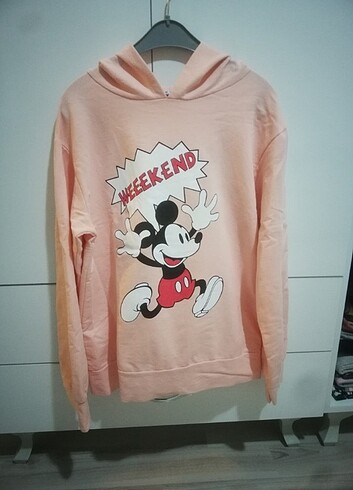 Mickey Mouse Baskılı Pembe Kapüşonlu Sweatshirt 