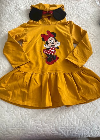 Kız Çocuk Sarı Minnie Mouse Kapüşonlu Elbise