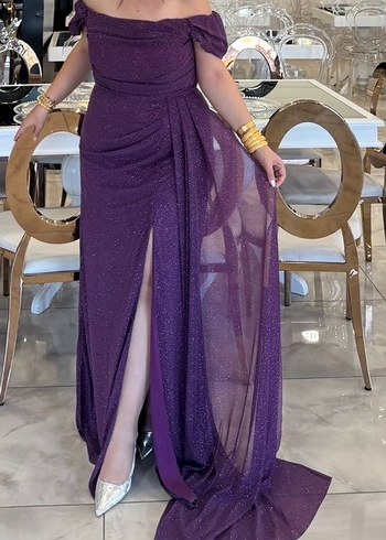 Parlak Mor Drapeli Uzun Kadın Abiye Elbise - Görsel 2