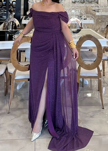 Parlak Mor Drapeli Uzun Kadın Abiye Elbise - Görsel 3