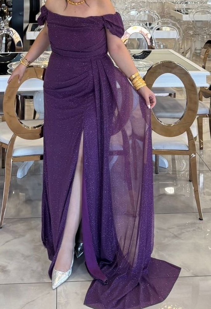 Parlak Mor Drapeli Uzun Kadın Abiye Elbise - Görsel 2