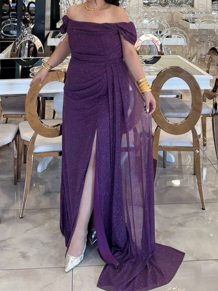 Parlak Mor Drapeli Uzun Kadın Abiye Elbise - Görsel 3