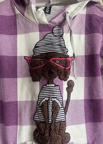 Mor Kareli Örgü Kedi Desenli Sweatshirt - Görsel 3