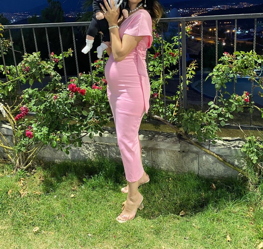 Pembe Drapeli Midi  elbise - Görsel 2