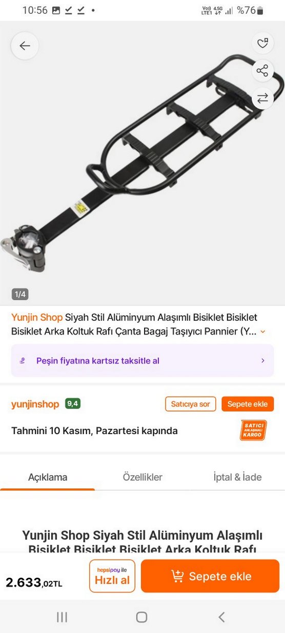 Siyah sele borusu altı bağlantılı bisiklet arka bagaj - Görsel 5