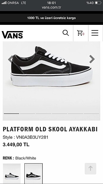 36 Beden siyah Renk Vans Old Skool Platform ( 4 cm taban boyu)