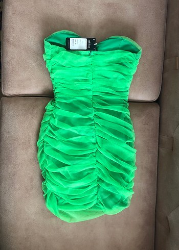 Canlı Neon Yeşil Tül Straplez Mini Elbise - Görsel 2