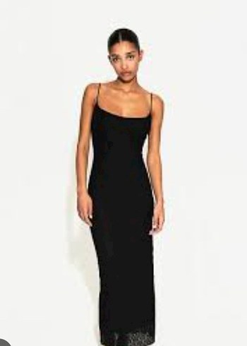 xs Beden siyah Renk Dantelli Siyah Uzun Strappy Elbise