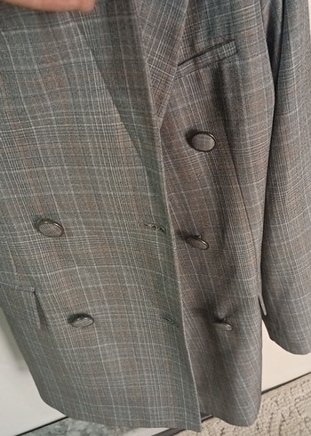 s Beden Düğmeli Gri Kadın Midi Blazer Ceket