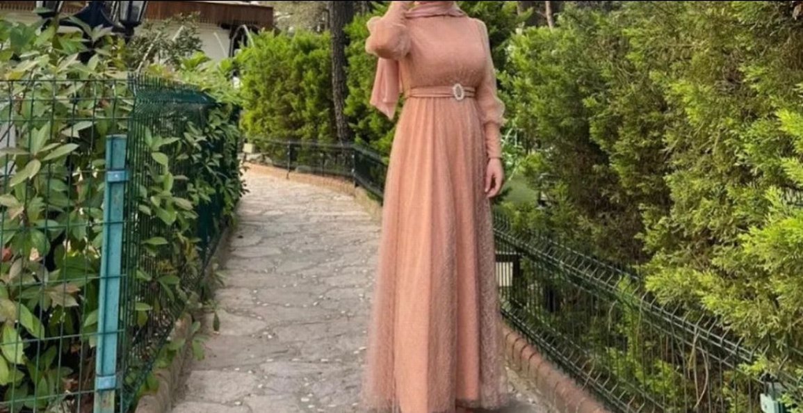 Dantel Ve Tül Detaylı Somon Uzun Abiye - Görsel 4