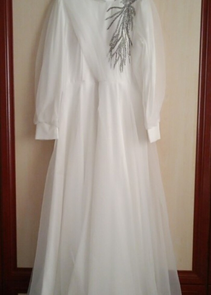 Tesettür Abiye gelinlik, gelinlik abiye, beyaz, önü taş detaylı, - Görsel 4