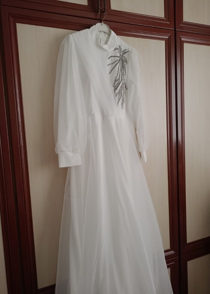 Tesettür Abiye gelinlik, gelinlik abiye, beyaz, önü taş detaylı, - Görsel 5