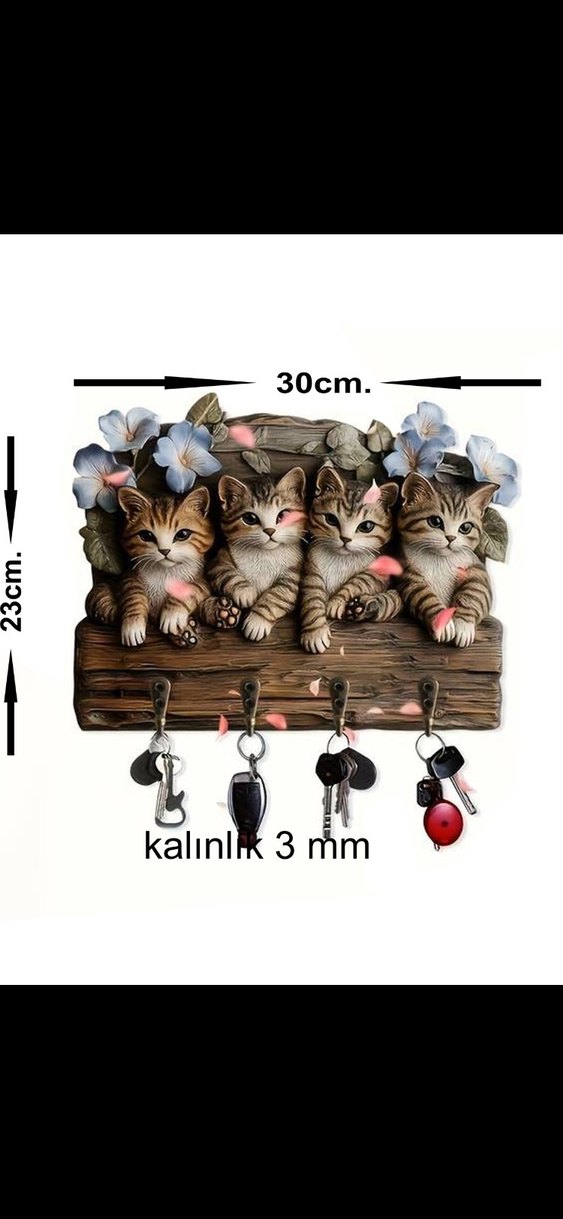 Dört Kedi Temalı Anahtarlık Askısı - Görsel 2