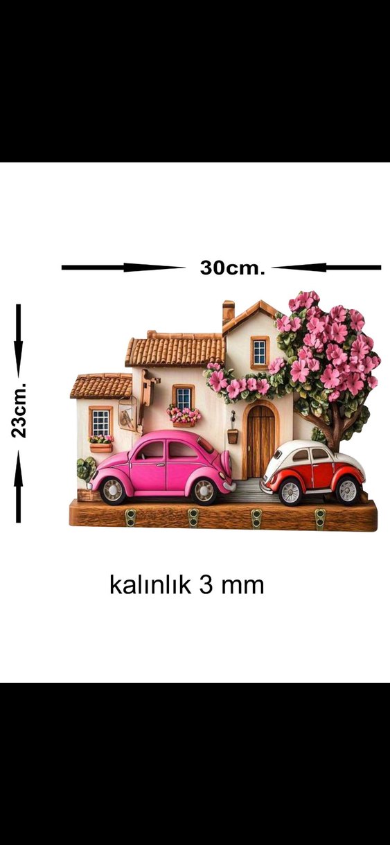 Renkli Pembe Araba ve Ev Anahtarlık - Görsel 3