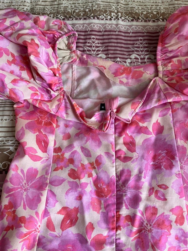 Pembe Çiçekli Midi Bohem Elbise - Görsel 2