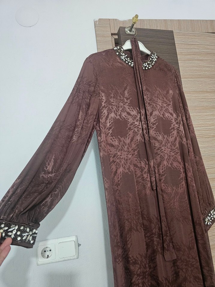 Bordo Bohem Uzun Elbise Dantel Detaylı - Görsel 3