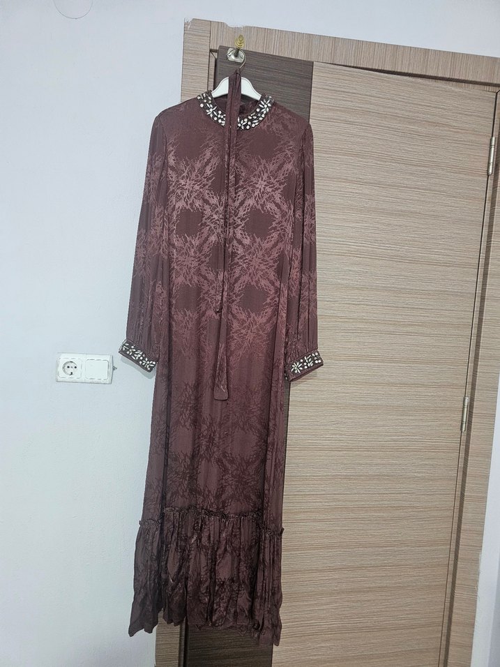 Bordo Bohem Uzun Elbise Dantel Detaylı - Görsel 2