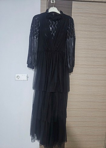 Abiye Uzun Siyah Gotik Nakışlı Abiye Elbise