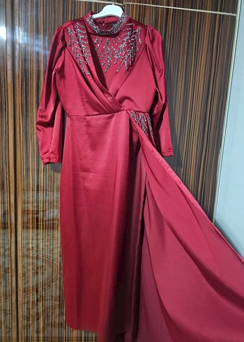 Bordo İşlemeli Uzun Kollu Kadın Abiye Elbise - Görsel 5