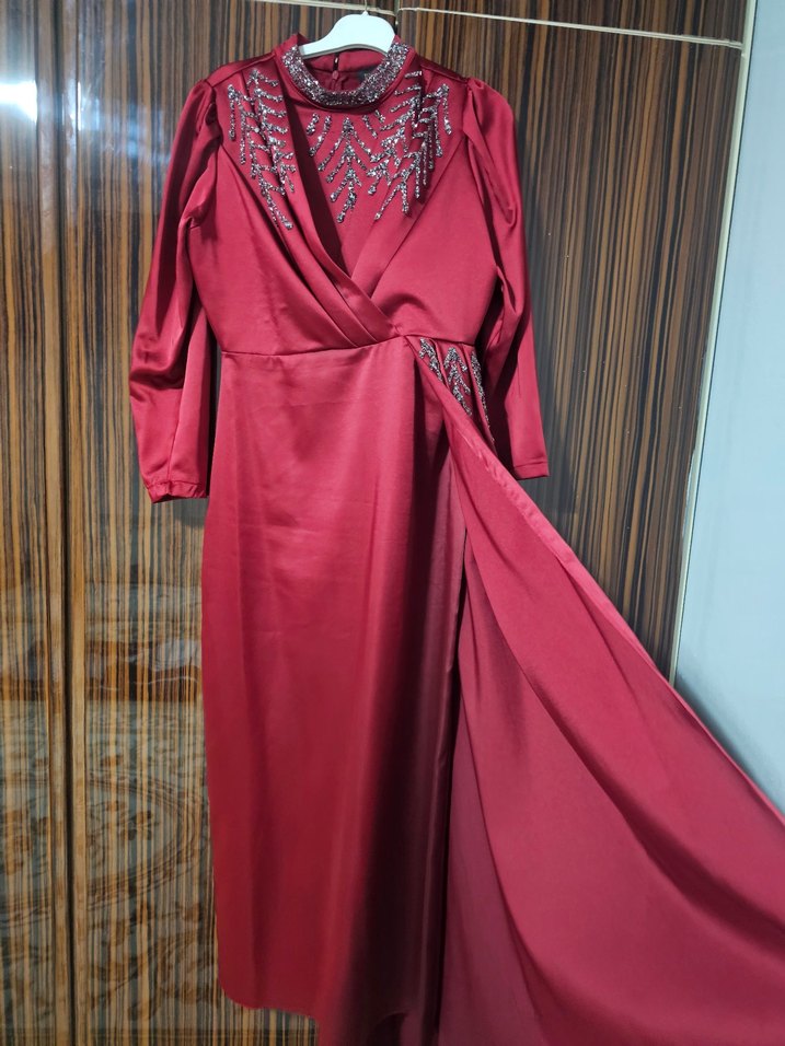 Bordo İşlemeli Uzun Kollu Kadın Abiye Elbise - Görsel 5