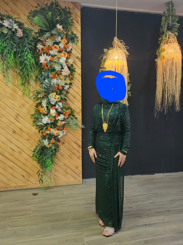 Yeşil Parlak Yılan Desenli Uzun Abiye Elbise - Görsel 2