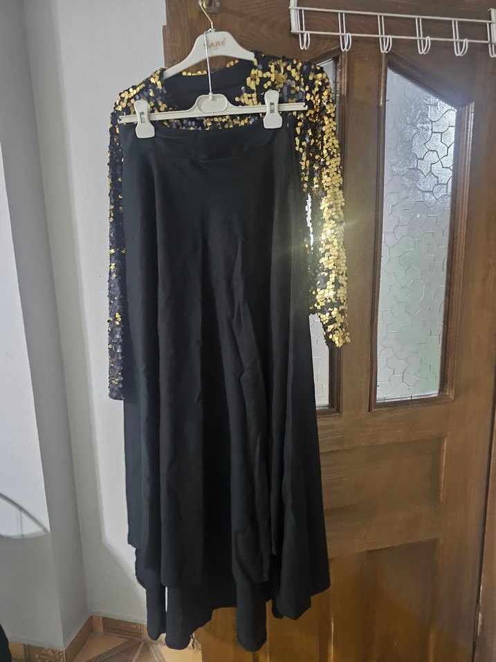 Altın Renkli Payetli Uzun Kollu Mini Bluz etekli takım - Görsel 4