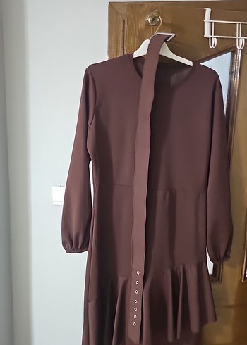 Kahverengi Uzun Kollu Fırfırlı Elbise - Görsel 2