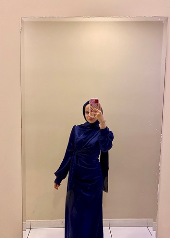 Lacivert Uzun Kollu Drapeli Kadın Elbise - Görsel 2