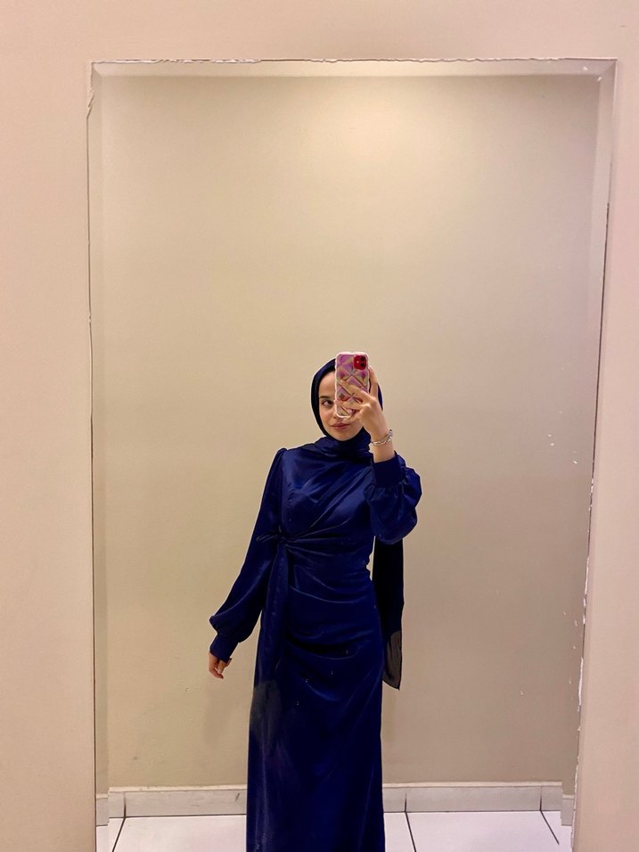 Lacivert Uzun Kollu Drapeli Kadın Elbise - Görsel 2