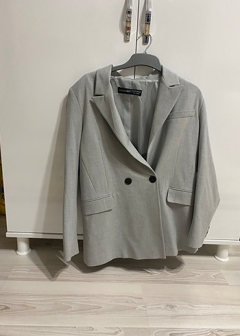 Gri Düğmeli Midi Kadın Blazer Ceket takım