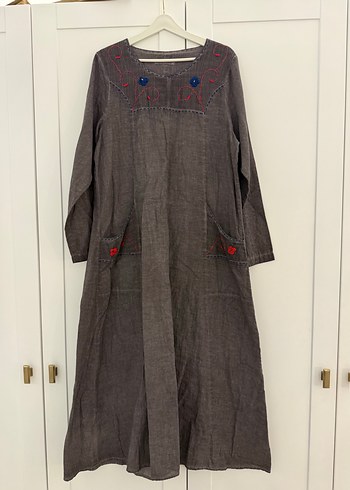 Nakışlı Gri Bohem şile bezi  Uzun Elbise - Görsel 2