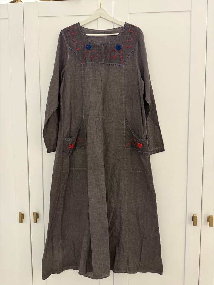 Nakışlı Gri Bohem şile bezi  Uzun Elbise - Görsel 2