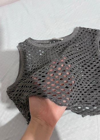 38 Beden Gri Örgü Kolsuz Crop Top