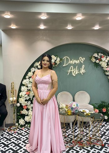 Abiye Pembe Drapeli Uzun Abiye Elbise