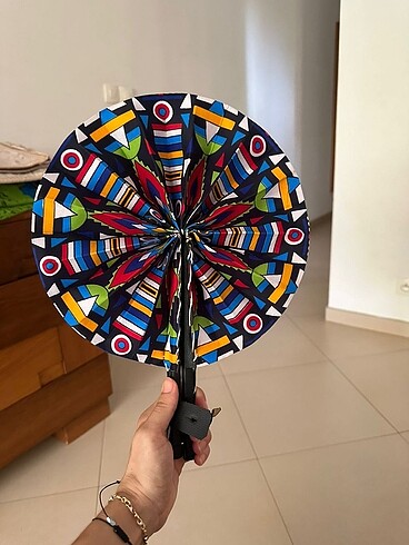 Yelpaze Afrikadan orijinal wax kumaş deri saplı