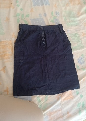 Düğmeli Lacivert Midi Denim Etek