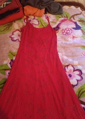 Nakışlı Kırmızı Uzun Bohem Abiye Elbise - Görsel 2