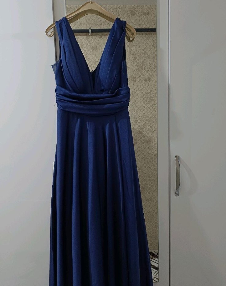 Lacivert V Yakalı Drapeli Uzun Abiye Elbise - Görsel 2