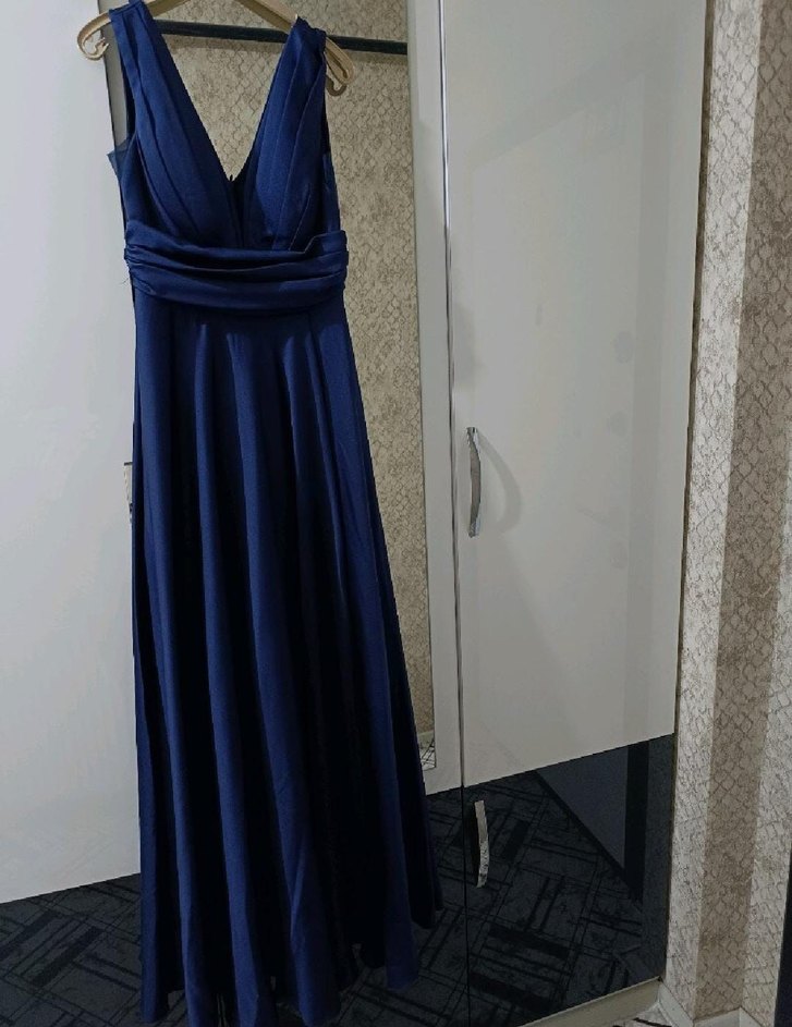 Lacivert V Yakalı Drapeli Uzun Abiye Elbise - Görsel 3