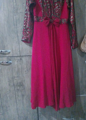 Bordo Uzun Kollu Dökümlü Vintage Abiye Elbise tesettür - Görsel 4