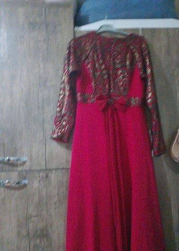 Bordo Uzun Kollu Dökümlü Vintage Abiye Elbise tesettür - Görsel 5