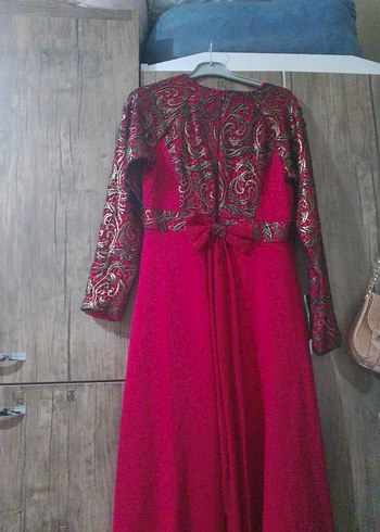 Bordo Uzun Kollu Dökümlü Vintage Abiye Elbise tesettür - Görsel 3