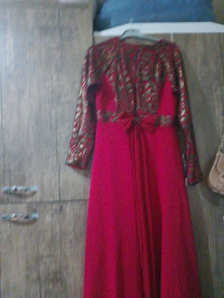 Bordo Uzun Kollu Dökümlü Vintage Abiye Elbise tesettür - Görsel 5