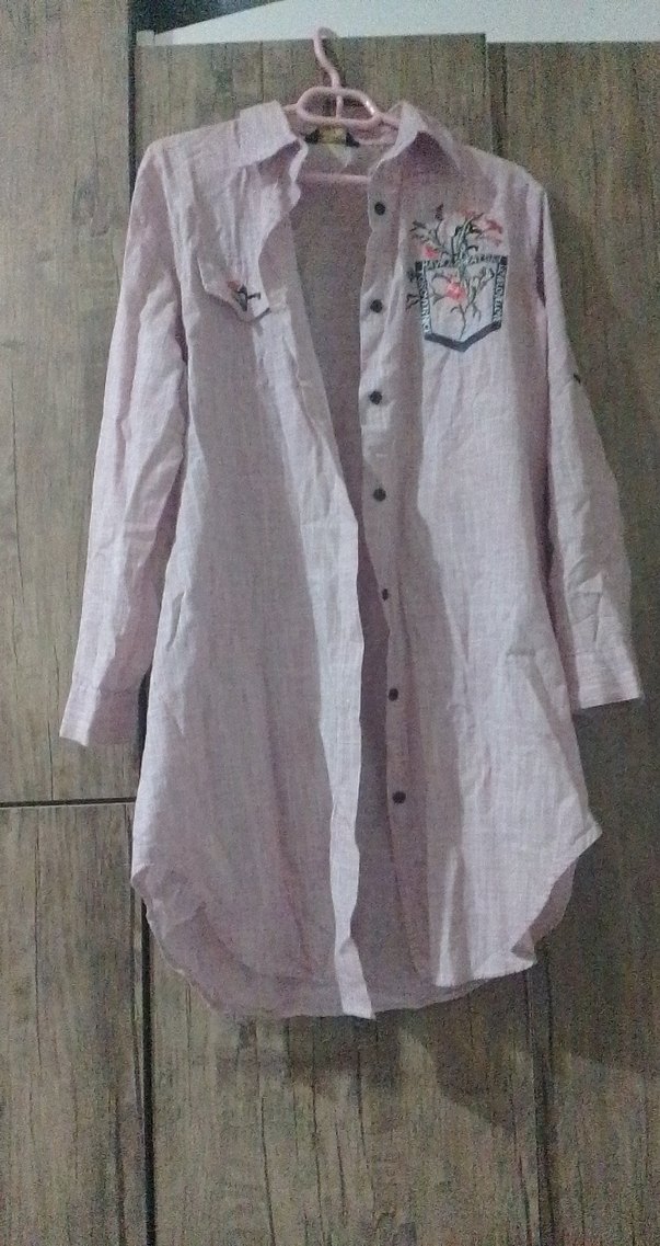 Pembe Nakışlı Uzun Keten Gömlek - Görsel 2