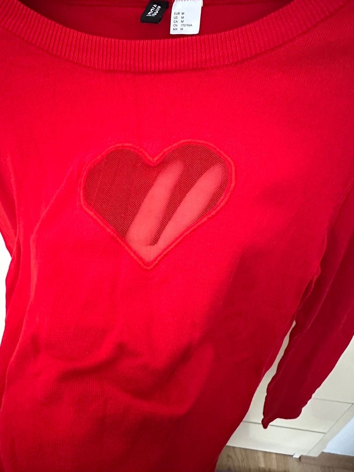 Kırmızı, Uzun Kollu, Kalp Detaylı Triko Kazak - Görsel 3